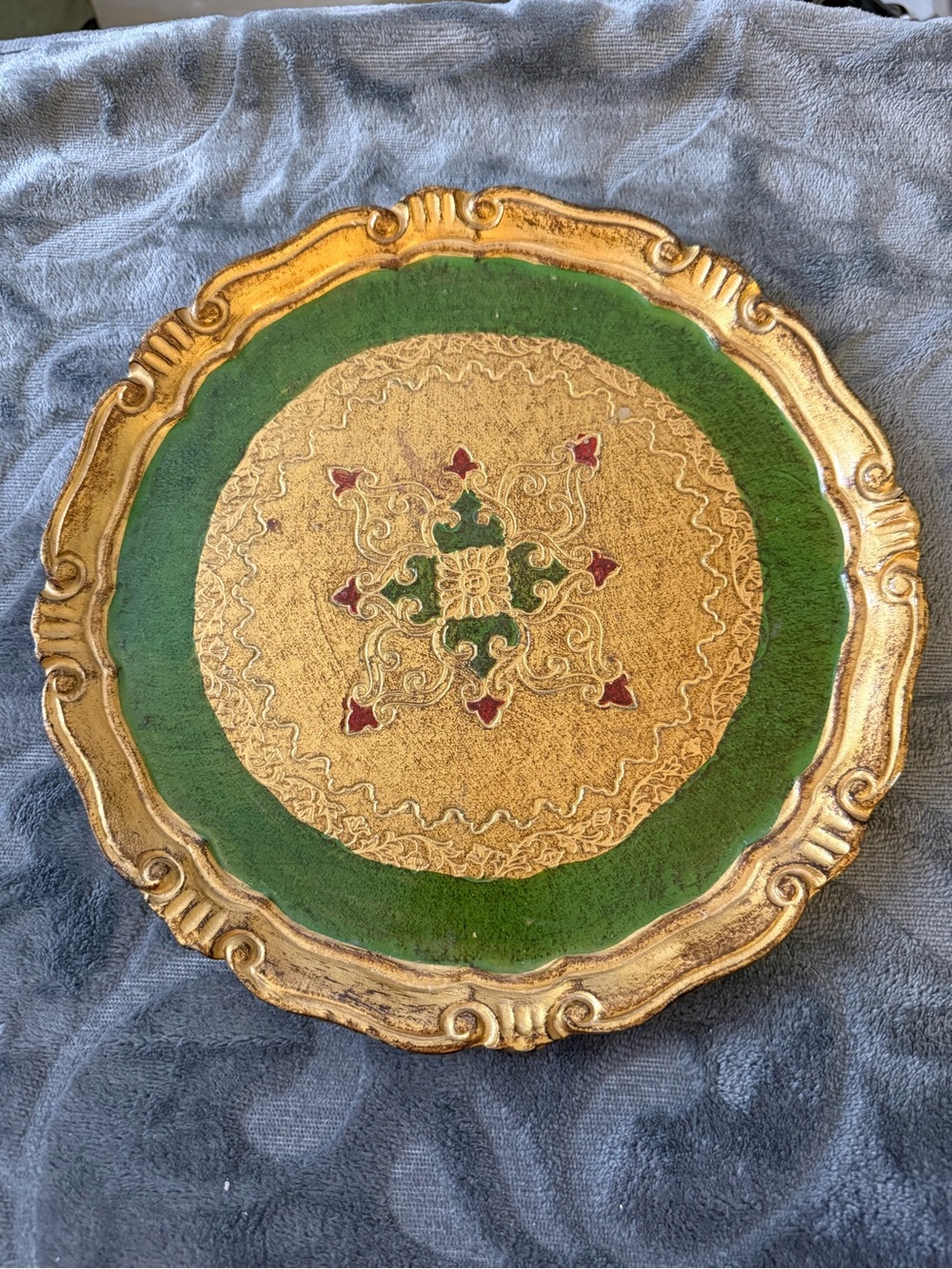 Vintage Italian Florentine Ornate Round Tray Hand Painted Gilt Gold Wood OSP